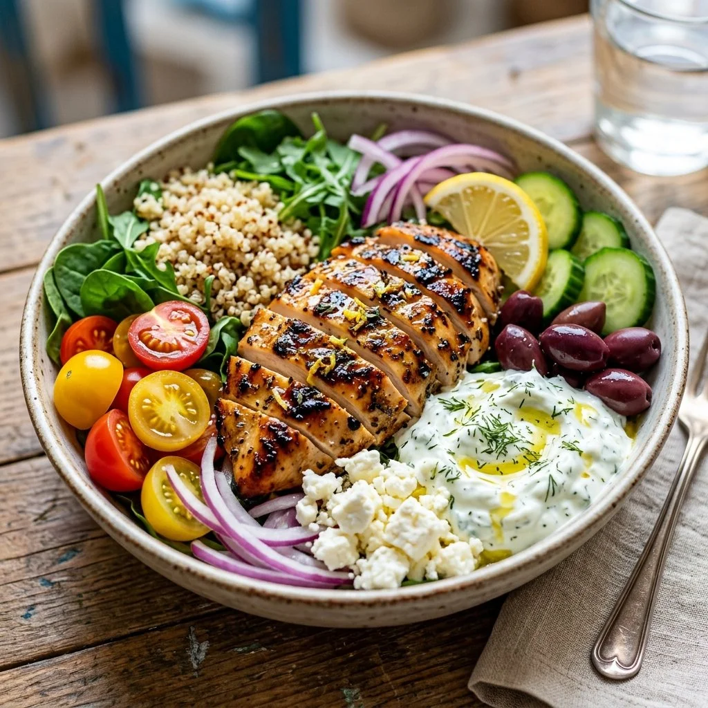 Delicious Greek Chicken Power Bowls with fresh vegetables and drizzle of dressing
