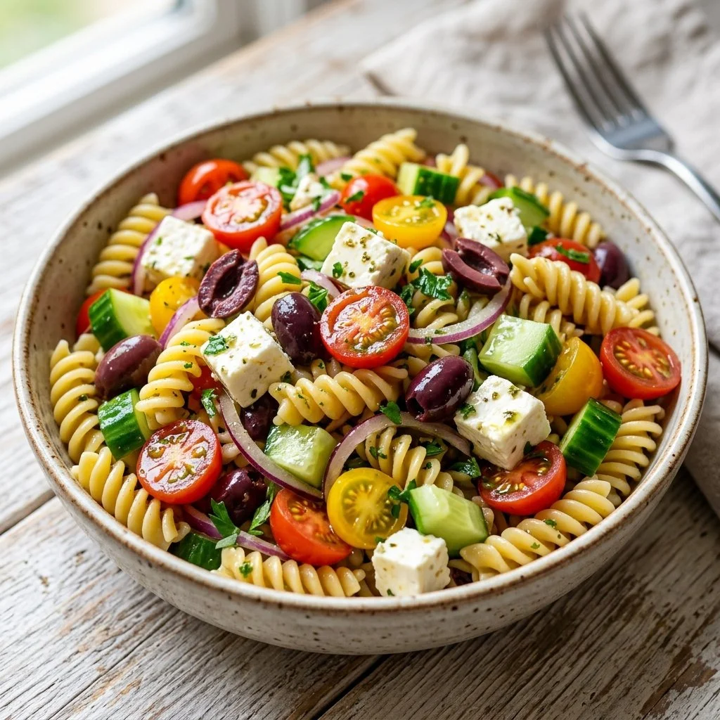 Colorful Greek Pasta Salad with olives, feta, and fresh vegetables