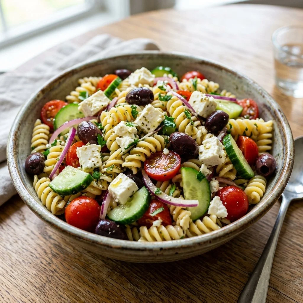 Colorful Greek Pasta Salad with fresh vegetables and feta cheese