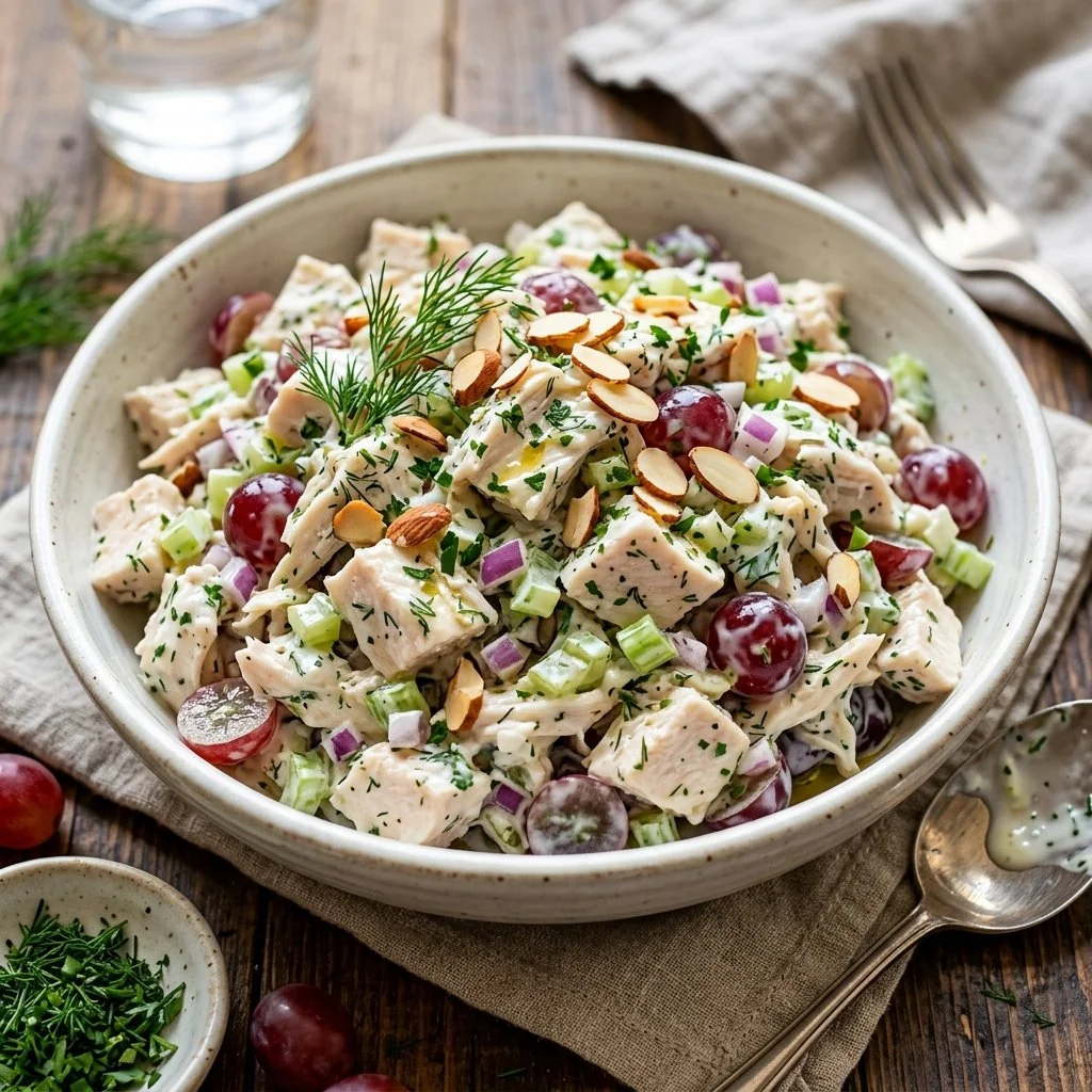 Bowl of Greek Yogurt Chicken Salad with fresh vegetables and herbs