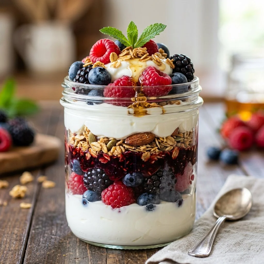 Delicious Greek Yogurt Parfait with fresh fruits and granola in a glass.