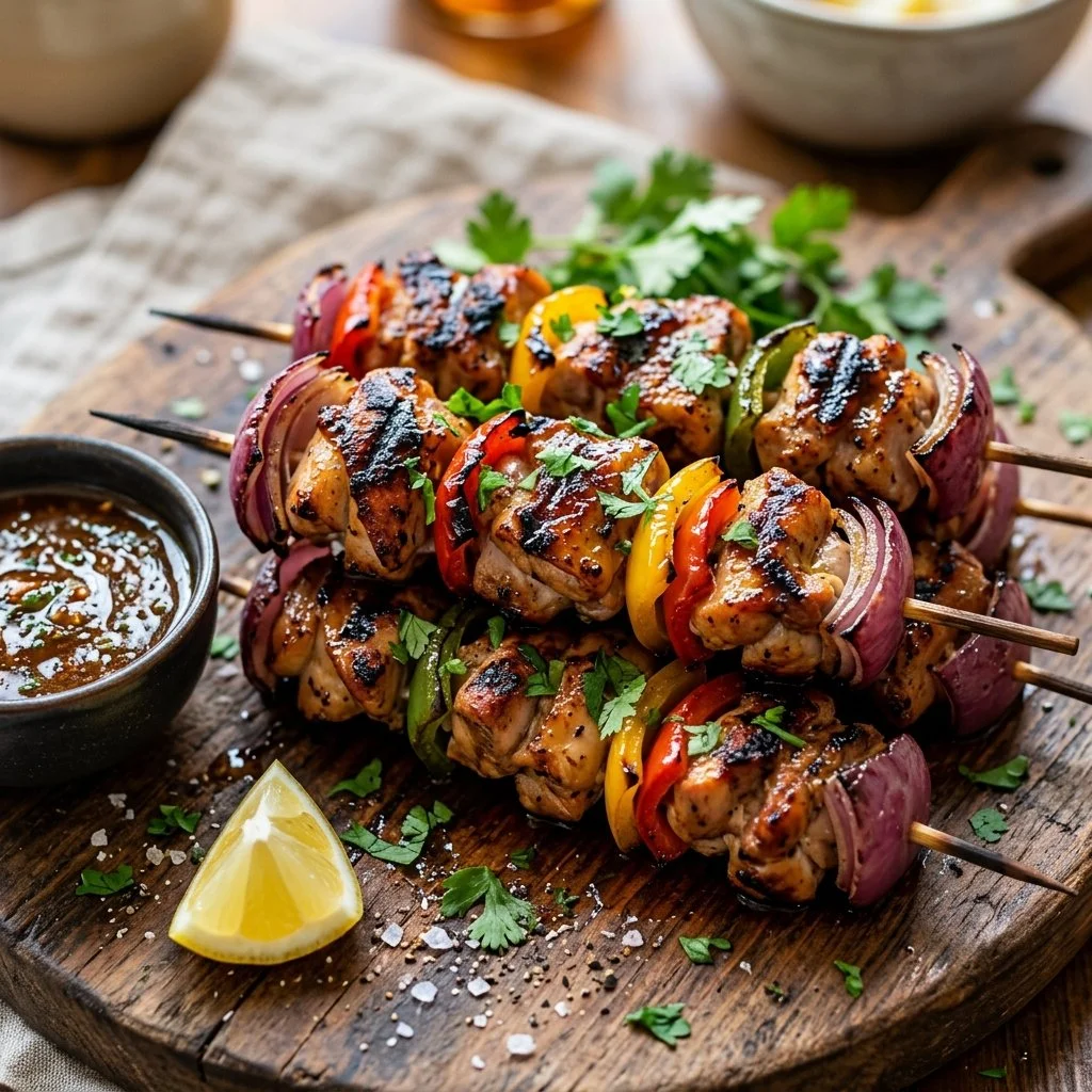 Grilled chicken skewers on a platter, garnished with fresh herbs