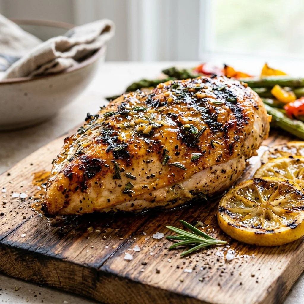 Delicious grilled lemon herb chicken on a platter garnished with herbs