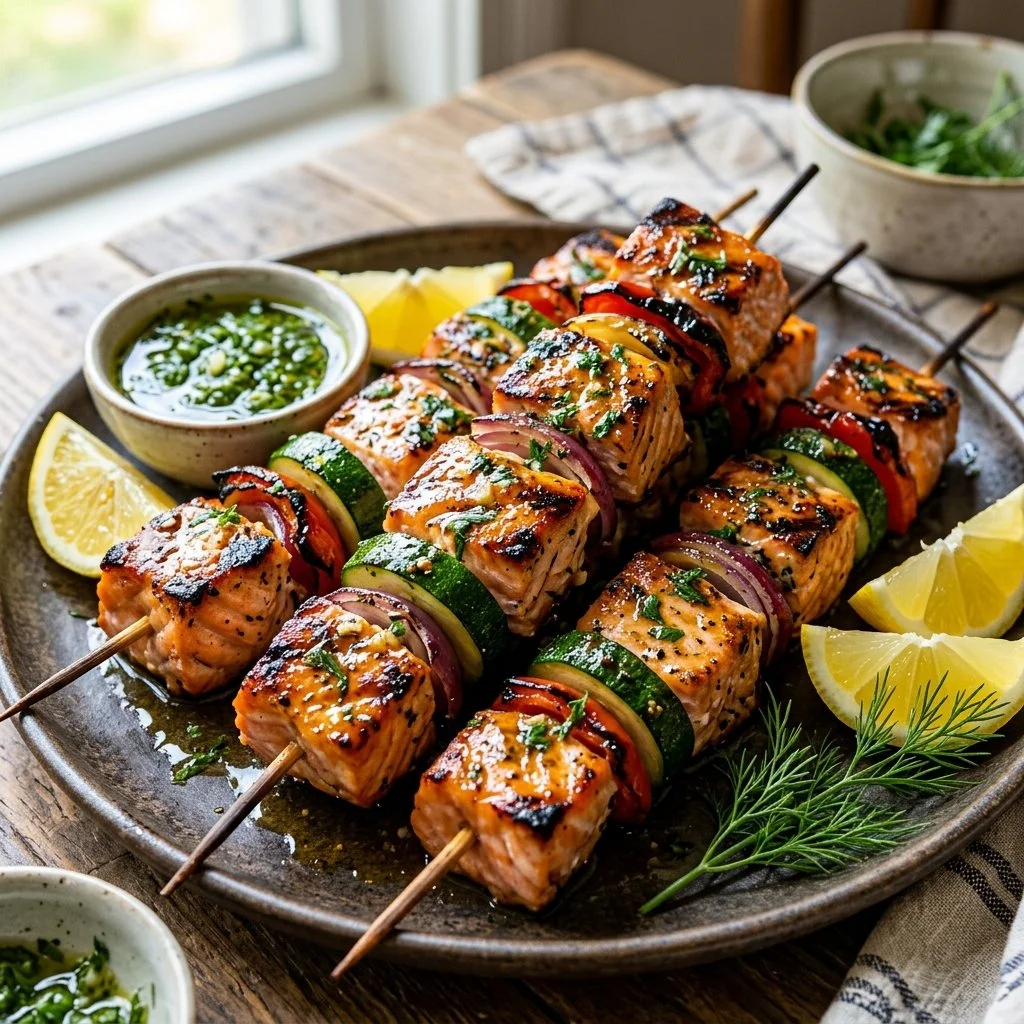 Grilled salmon skewers served on a plate with fresh herbs and lemon slices