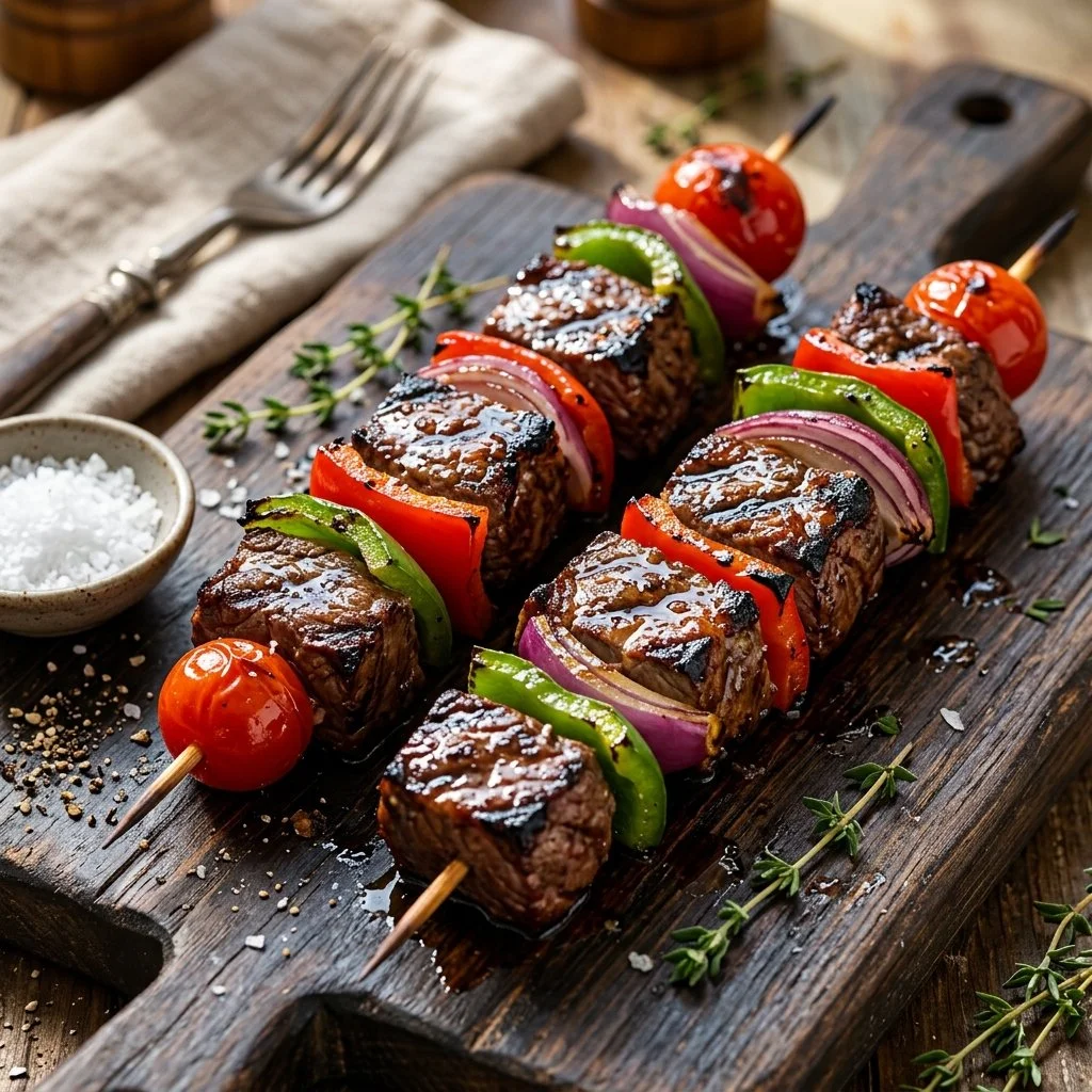 Delicious grilled steak kabobs skewered with colorful vegetables