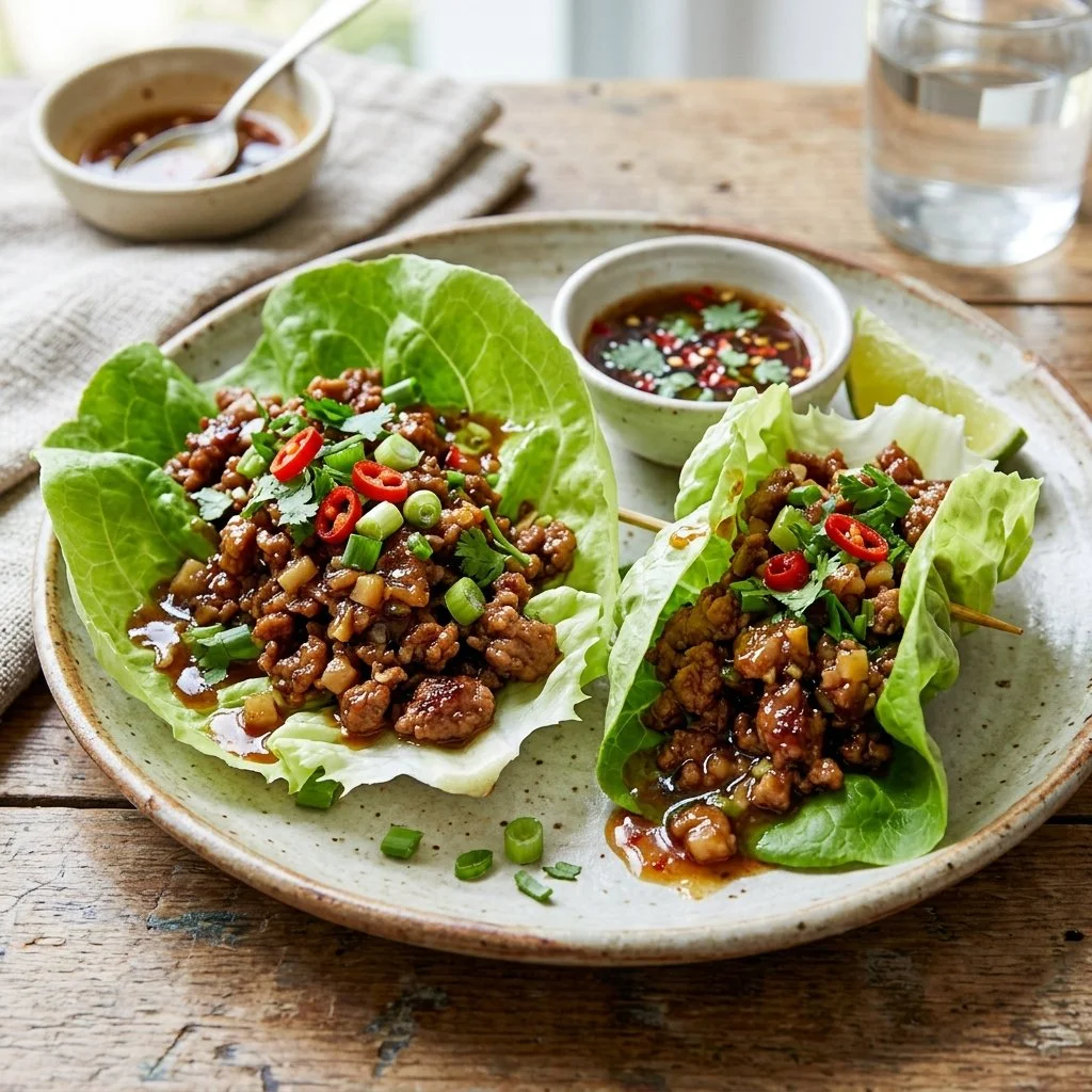 Healthy ground turkey lettuce wraps served on a plate