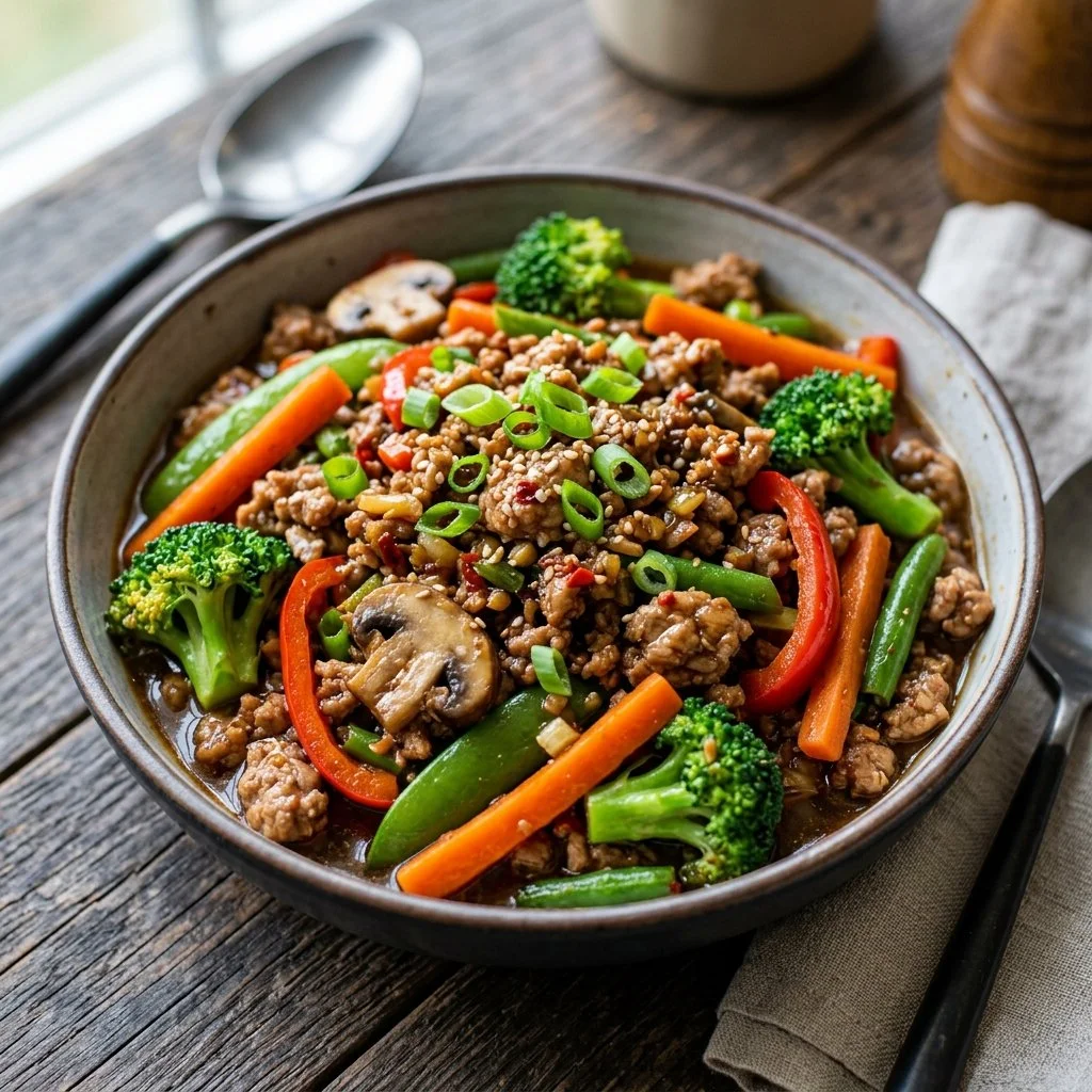 Ground turkey stir fry with colorful vegetables in a skillet