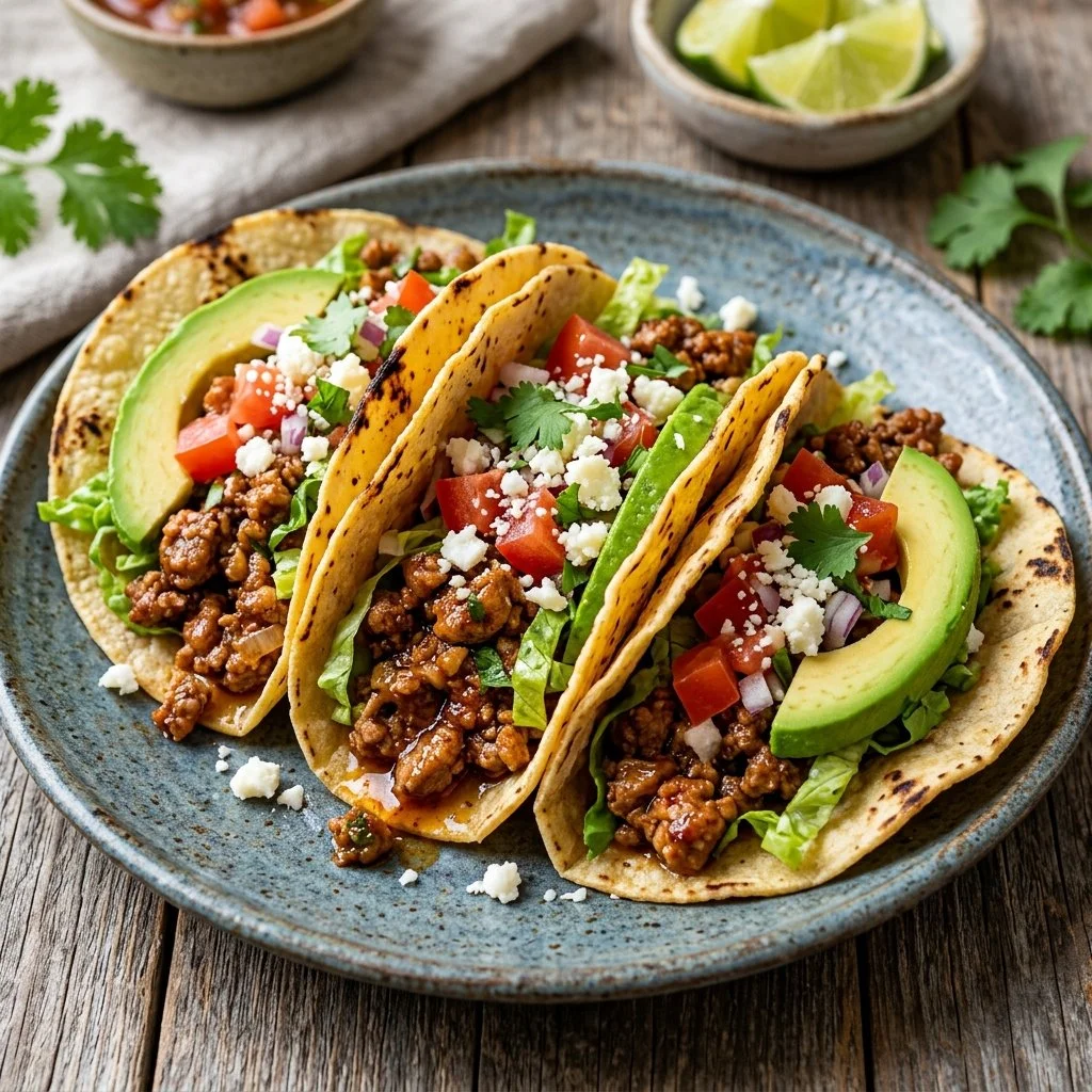 Ground turkey tacos served with fresh toppings and garnishes