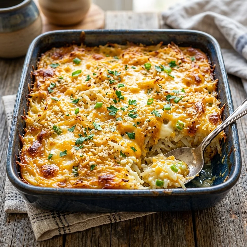 Baked hash brown casserole topped with melted cheese and green onions