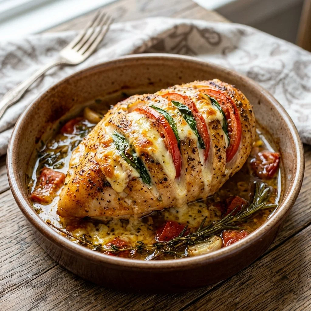 Baked Hasselback Chicken with herbs and cheese ready to serve.