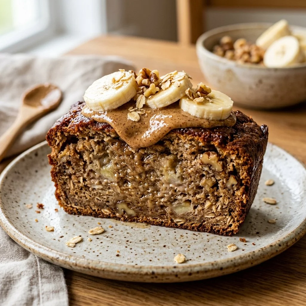 Sliced healthy banana bread on a wooden cutting board