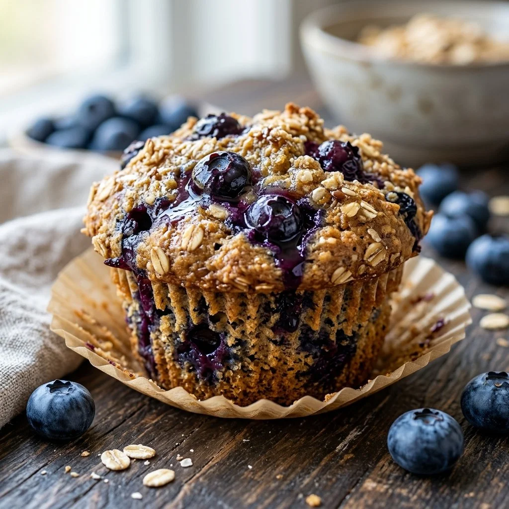 Freshly baked healthy blueberry muffins with ripe blueberries