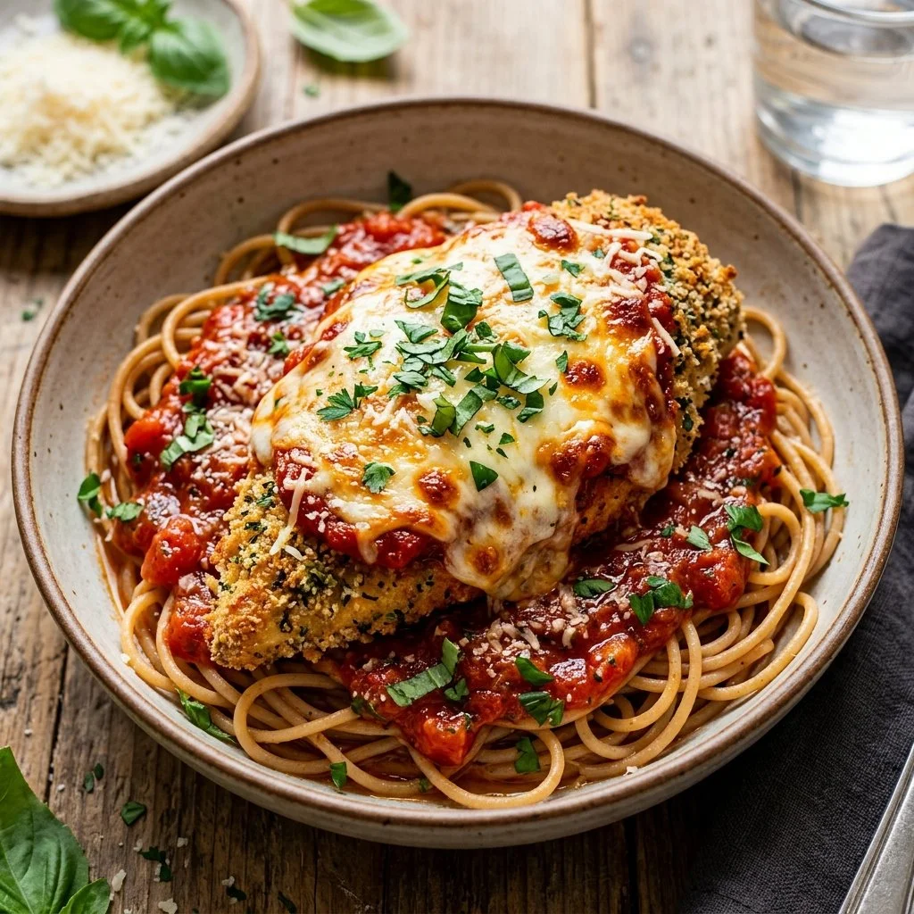 Healthy Chicken Parmesan dish with fresh herbs and a side of vegetables