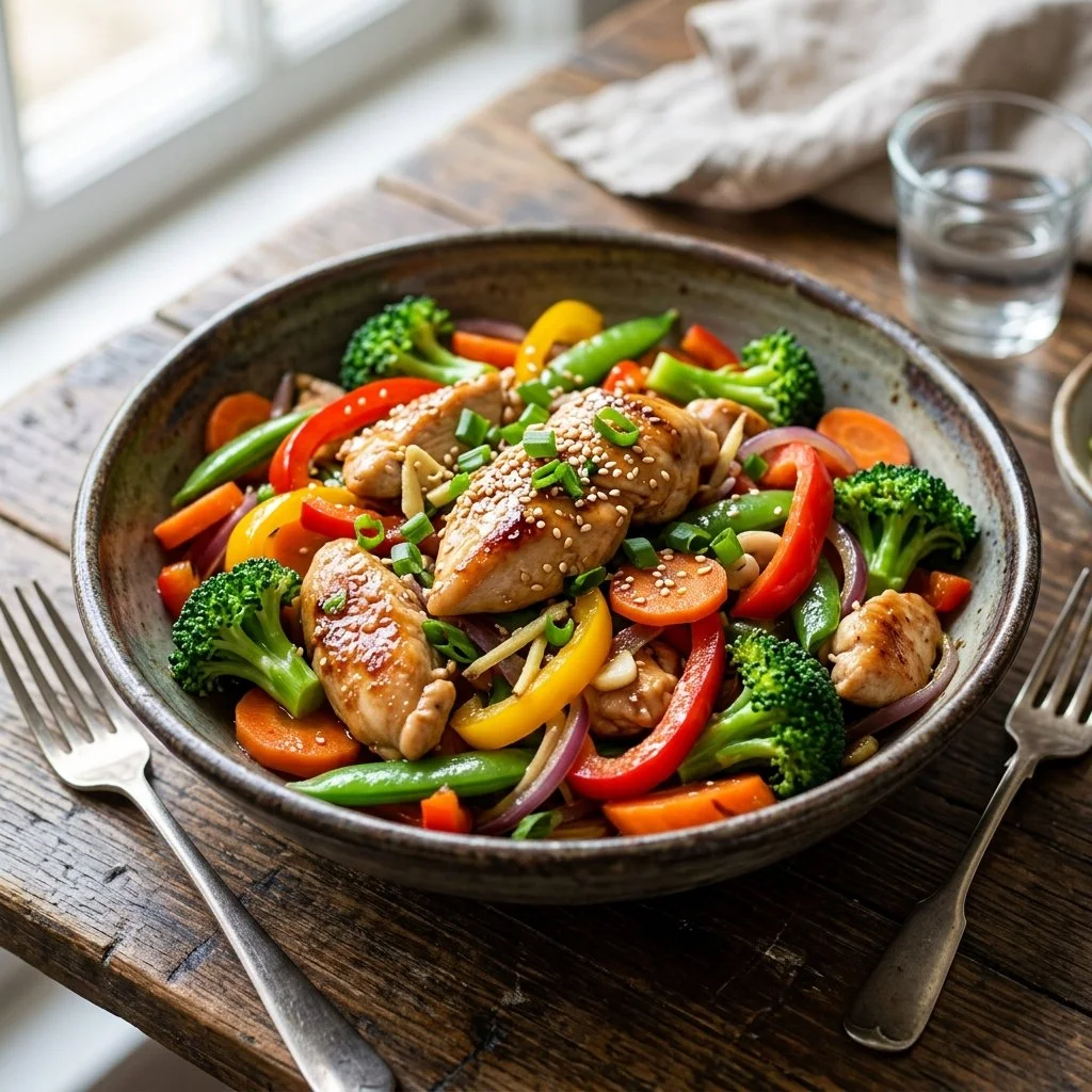 Healthy chicken stir fry with colorful vegetables served in a bowl.