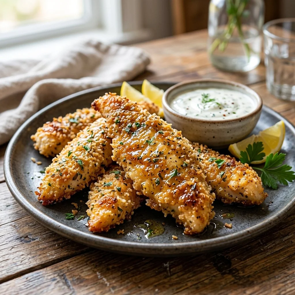 Plate of healthy chicken tenders served with a fresh garnish