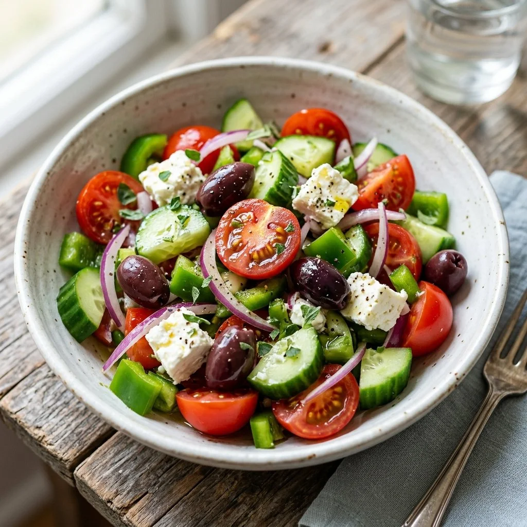 Vibrant and fresh healthy Greek salad with vegetables and feta cheese