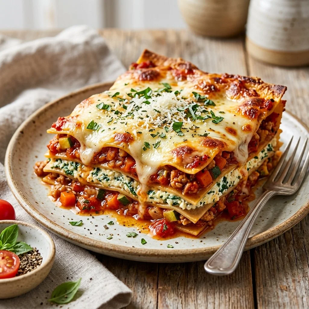 Healthy lasagna with vegetables and whole grain pasta in a baking dish
