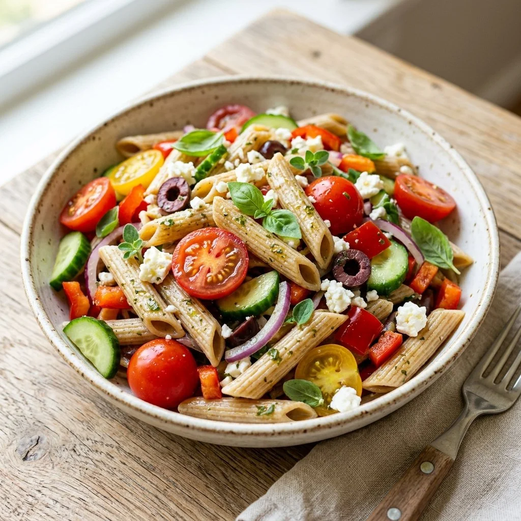 Colorful and healthy pasta salad with fresh vegetables and dressing