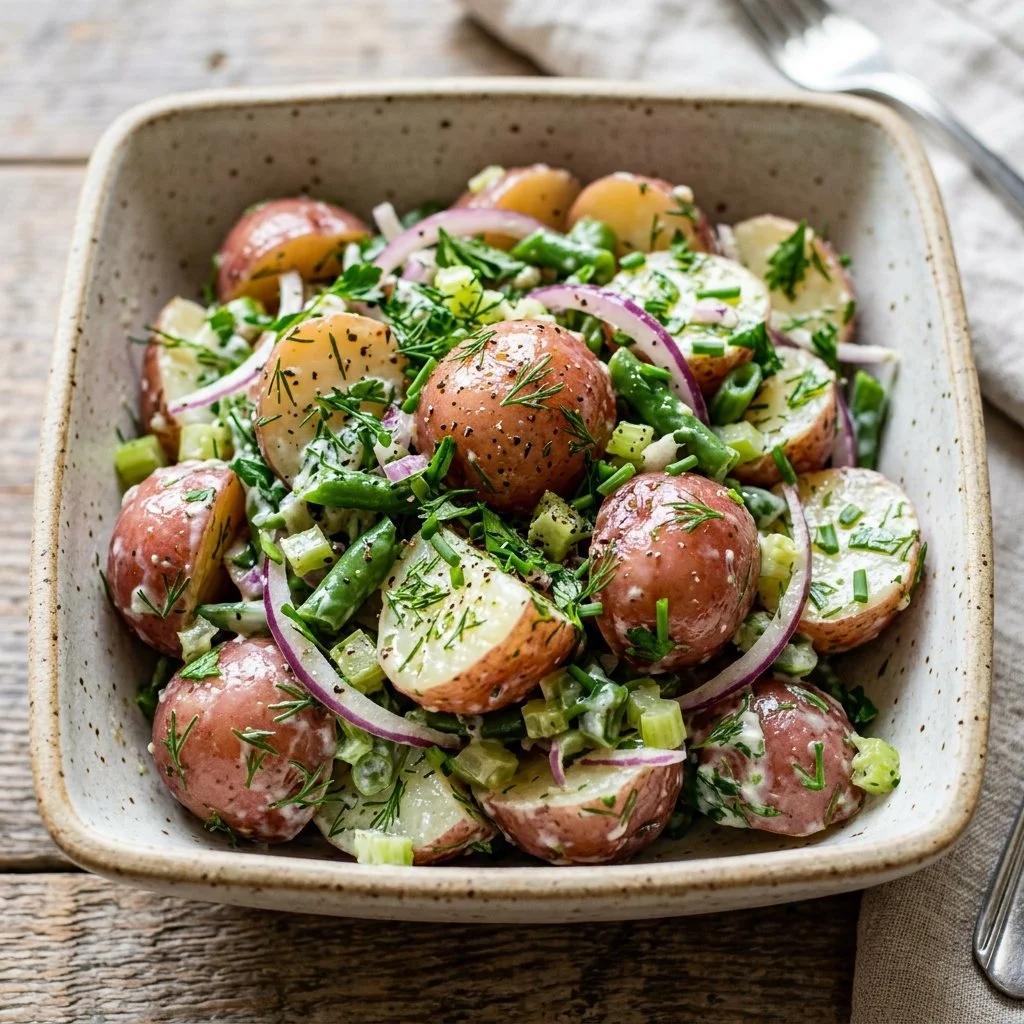 Healthy potato salad with fresh vegetables and herbs