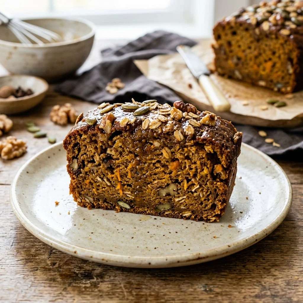 Slice of healthy pumpkin bread with spices on a wooden table