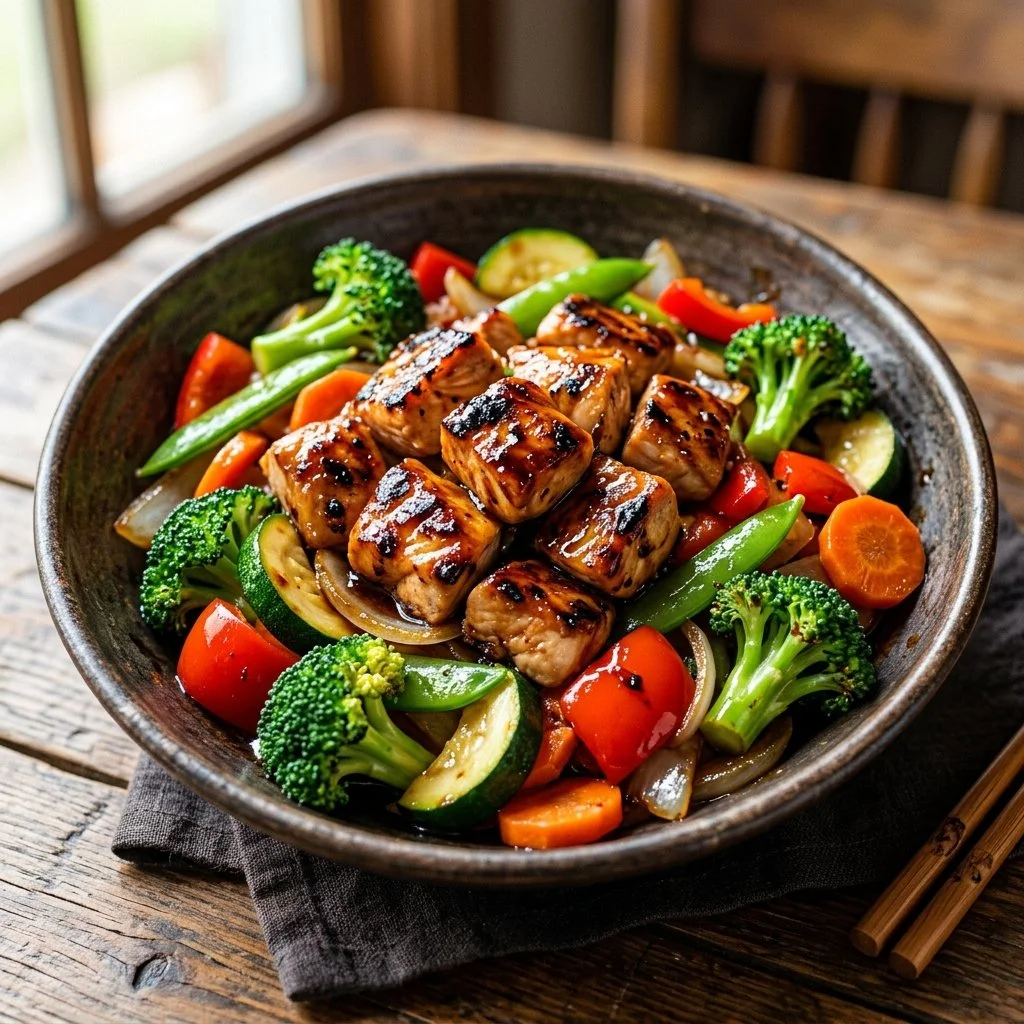 Hibachi Chicken and Vegetables served on a grill plate