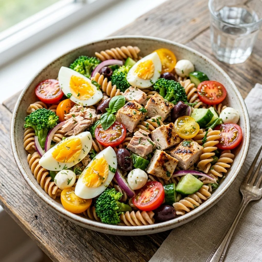 A colorful high protein pasta salad with vegetables and dressing in a bowl.