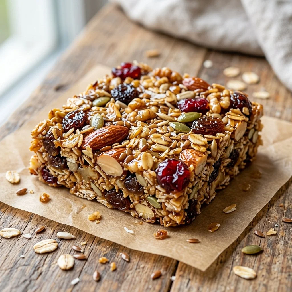 Homemade granola bars made with oats, nuts, and dried fruits
