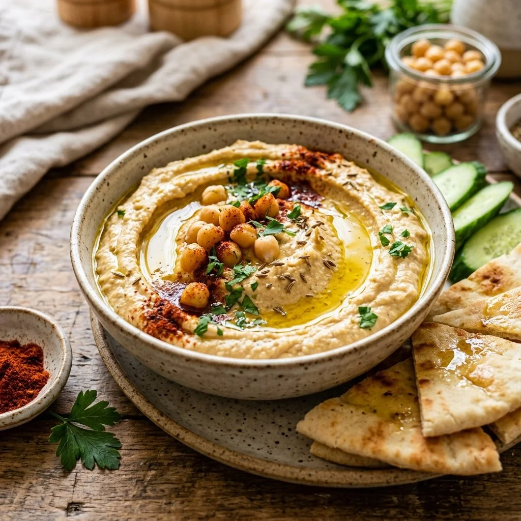 Bowl of homemade hummus with fresh vegetables and pita bread