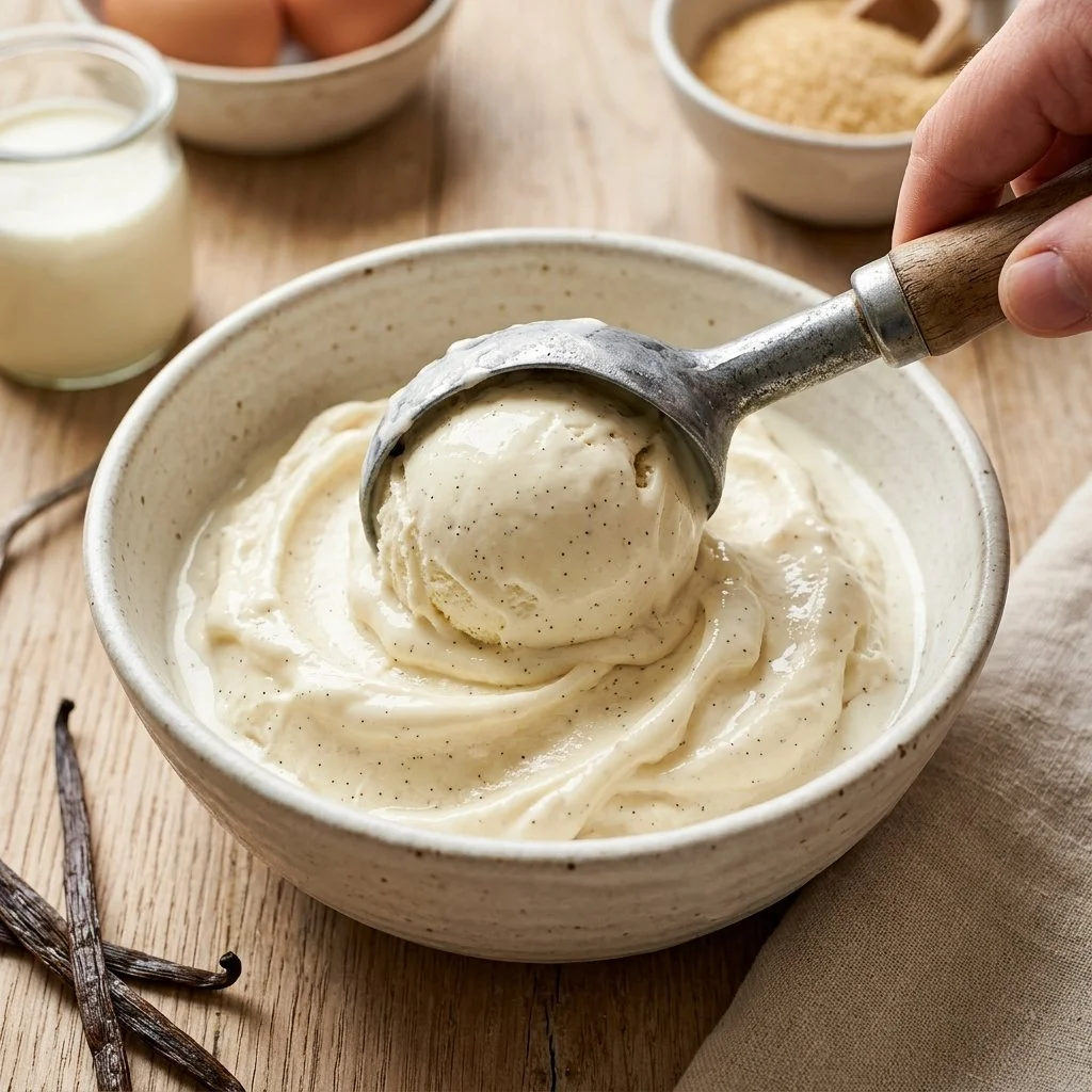 Bowl of homemade ice cream with colorful toppings and a scoop on top