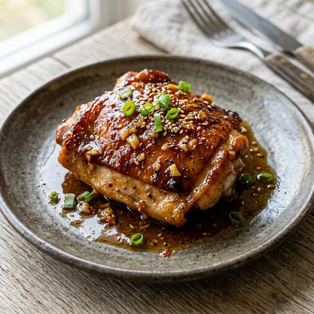 Honey Garlic Chicken Thighs served on a plate with vegetables