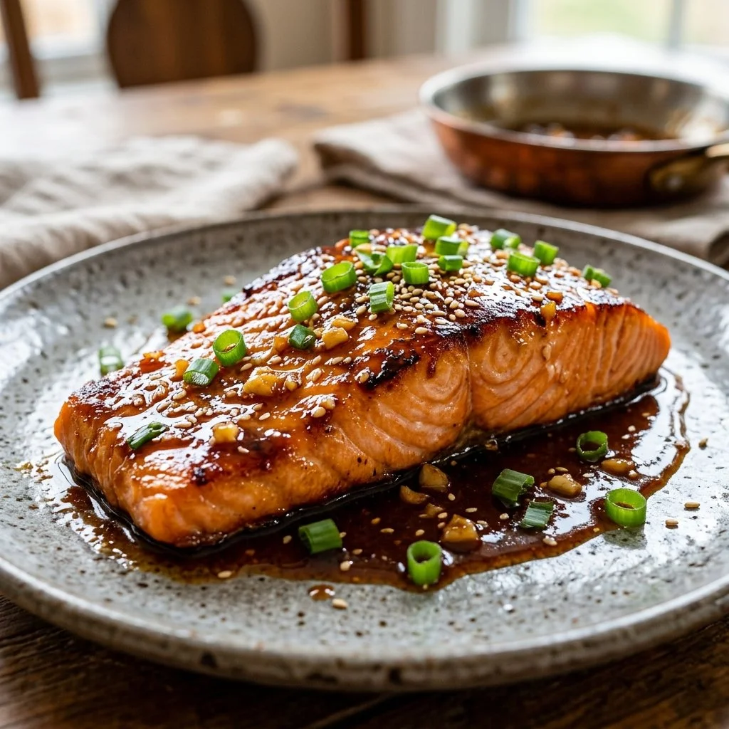 Delicious Honey Garlic Salmon with a caramelized glaze on a serving plate