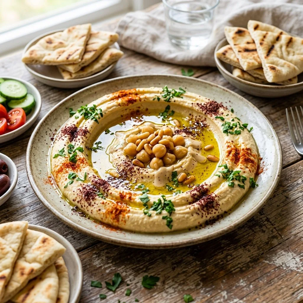 Delicious hummus plate with fresh vegetables and pita bread for dipping.