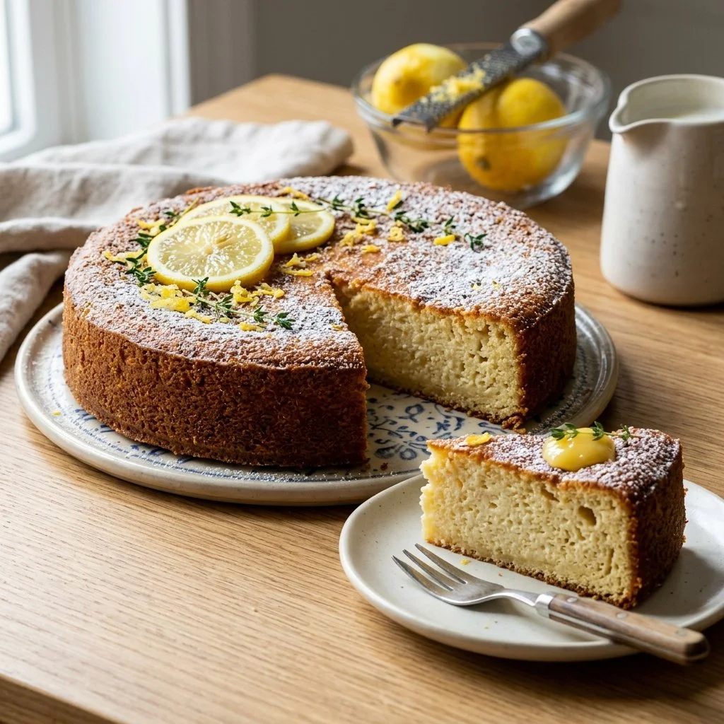 Slice of Italian lemon ricotta cake with a lemon garnish on a plate