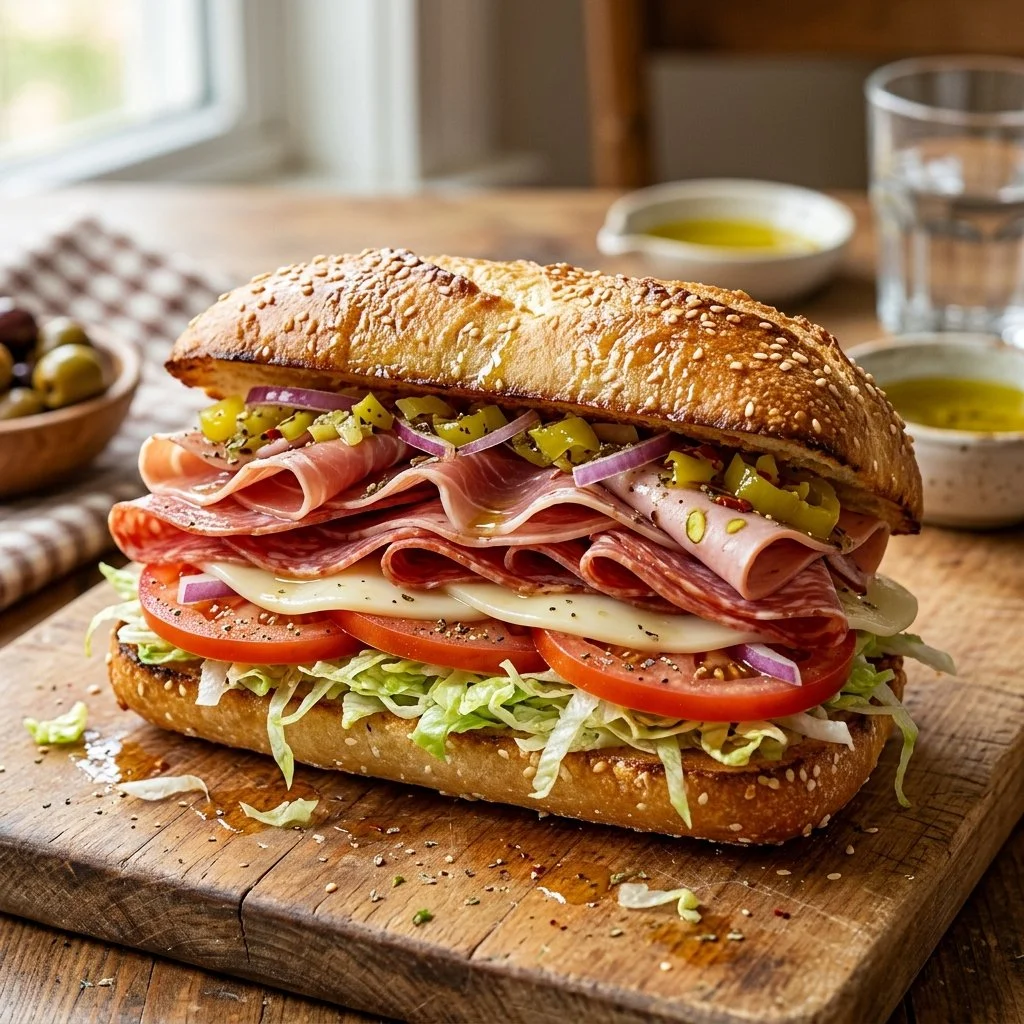 Delicious Italian Sub Sandwich loaded with meats and fresh toppings