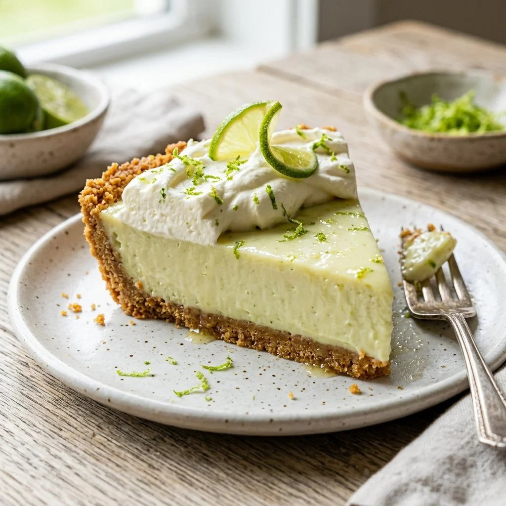 Delicious slice of Key Lime Pie with a graham cracker crust and lime garnish