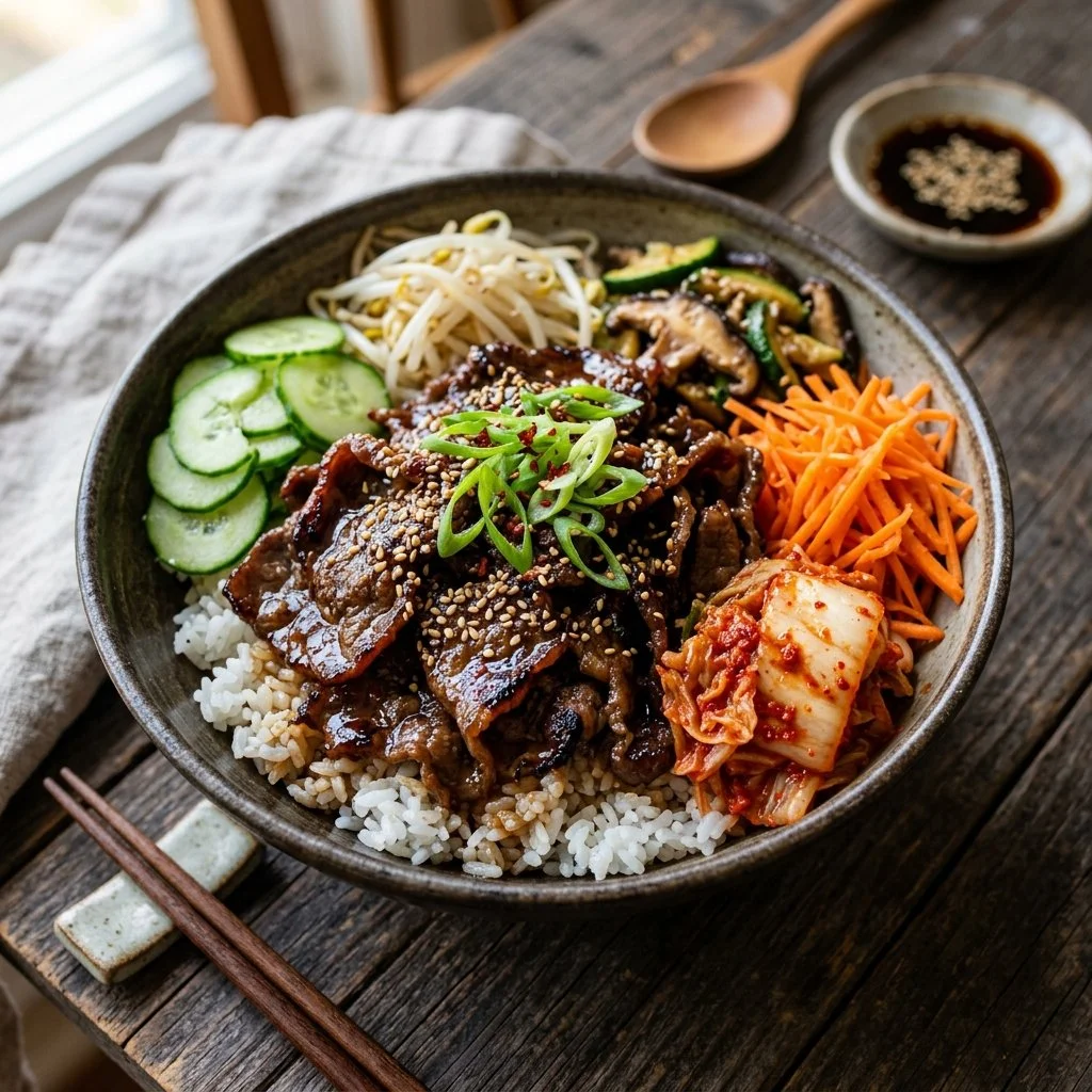 Delicious Korean beef bowls topped with fresh vegetables and sesame seeds.