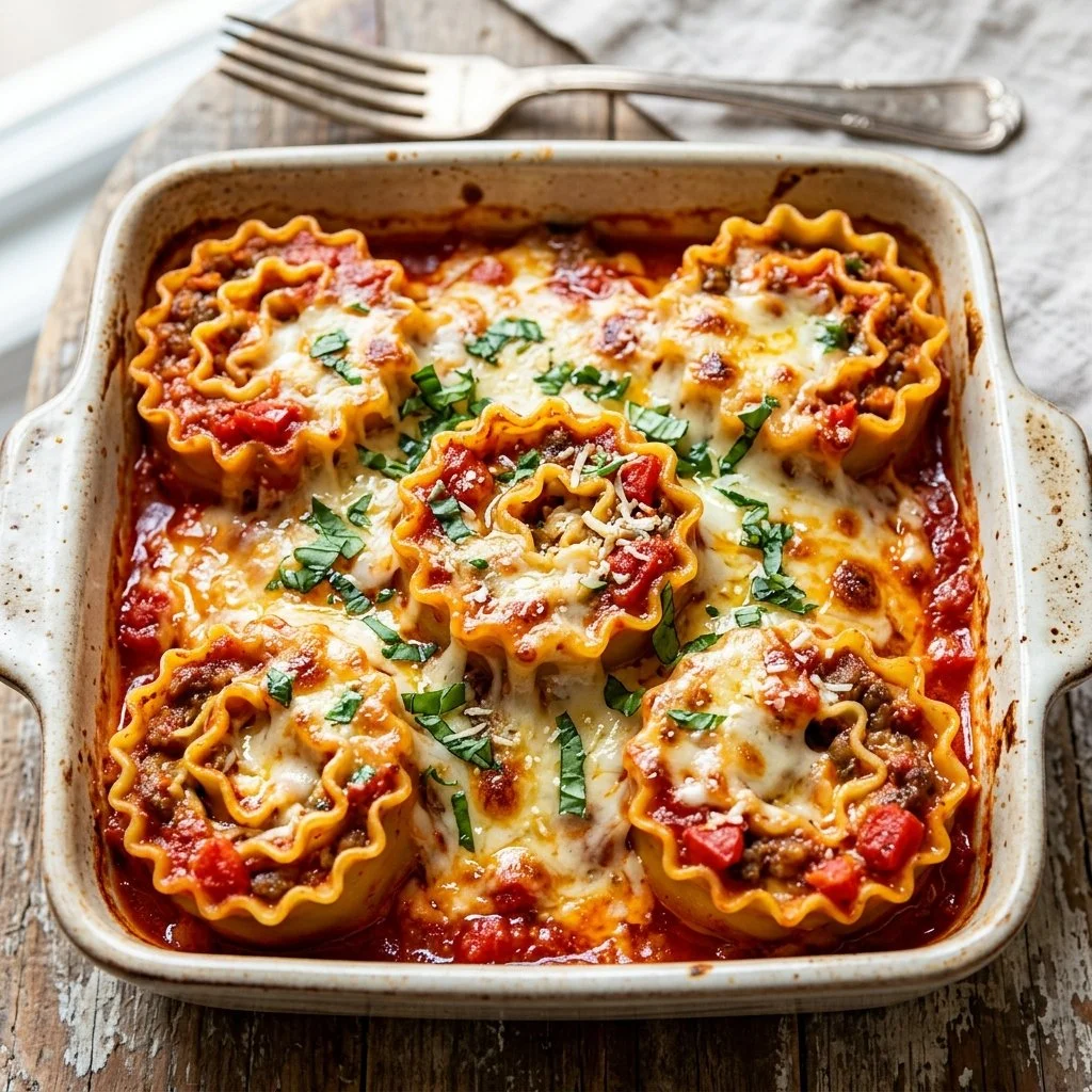 Plate of delicious Lasagna Roll Ups garnished with herbs.