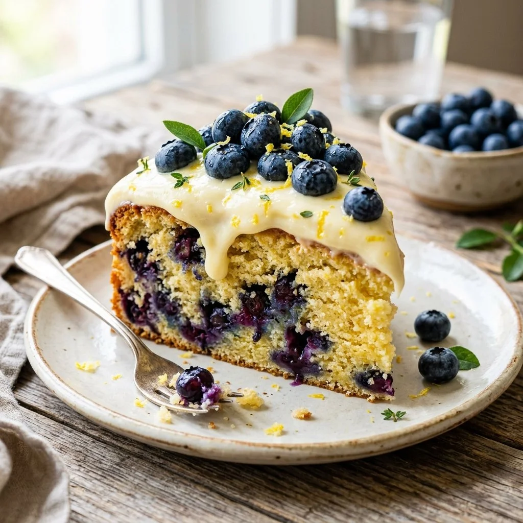 Delicious Lemon Blueberry Cake topped with fresh blueberries and lemon zest