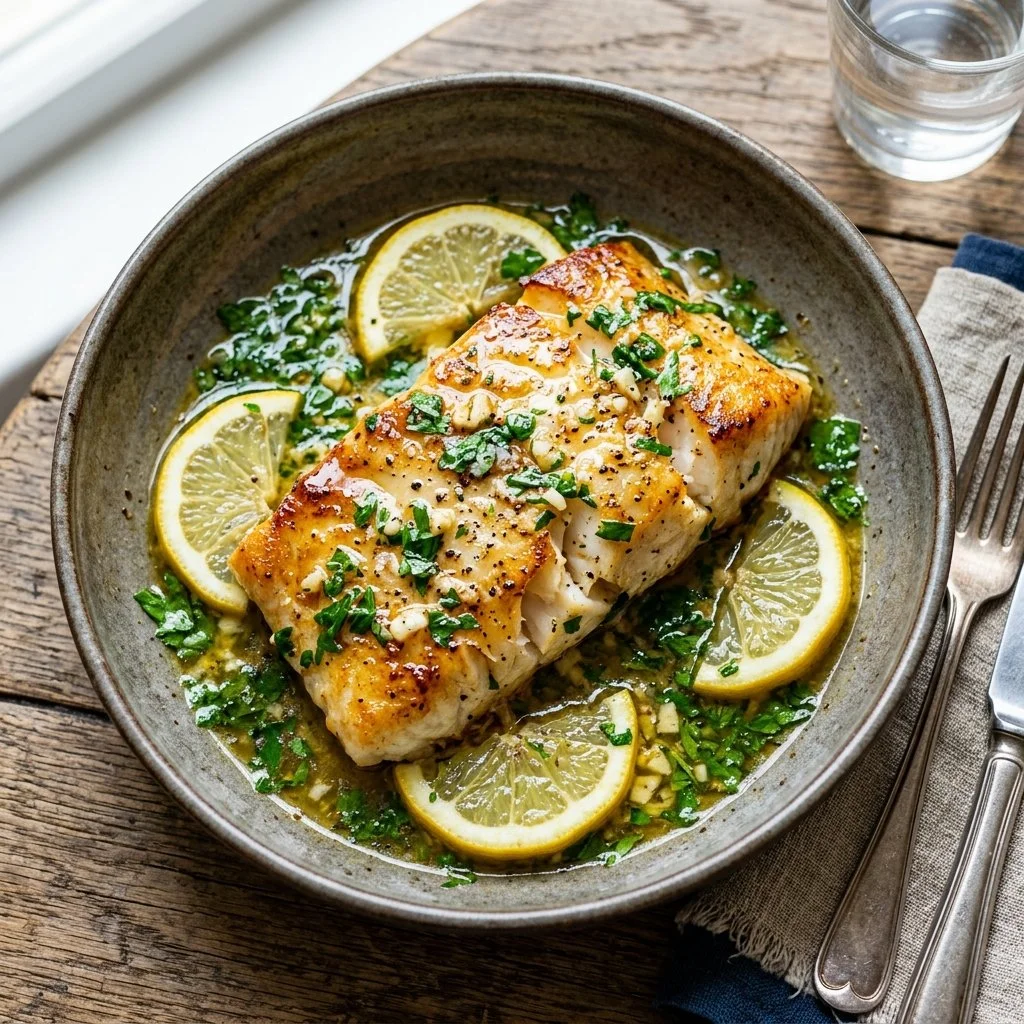 Deliciously cooked Lemon Butter Fish garnished with lemon slices and herbs