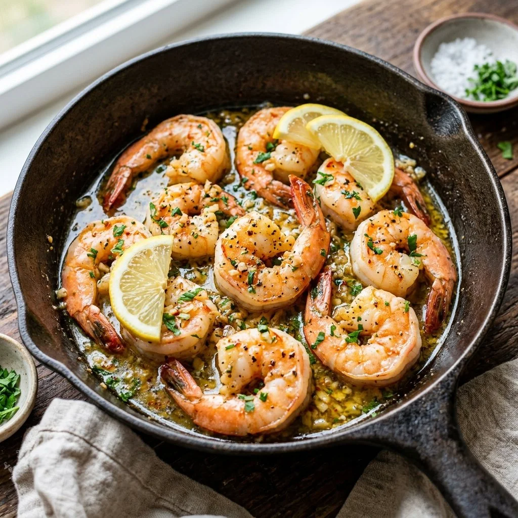 Plate of lemon garlic butter shrimp garnished with parsley