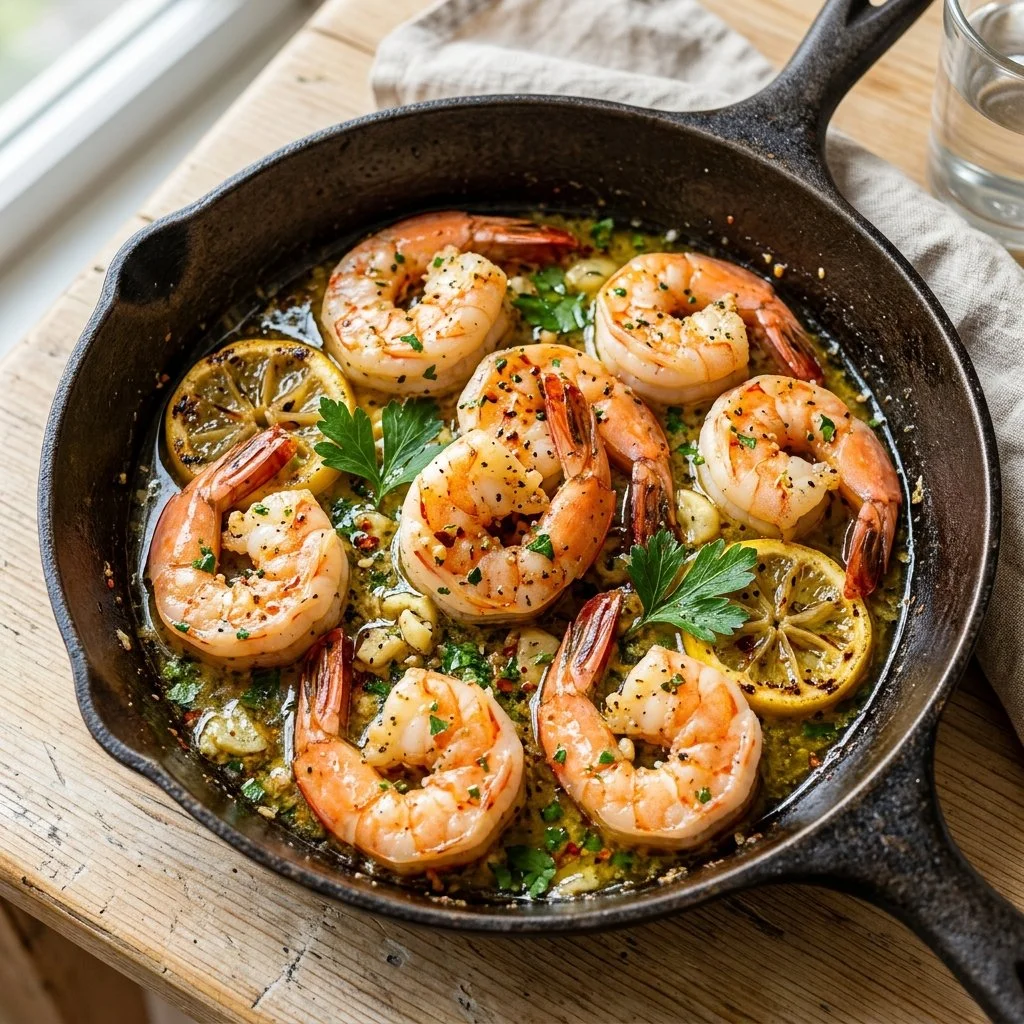 Lemon garlic butter shrimp served with fresh herbs and garnished with lemon slices