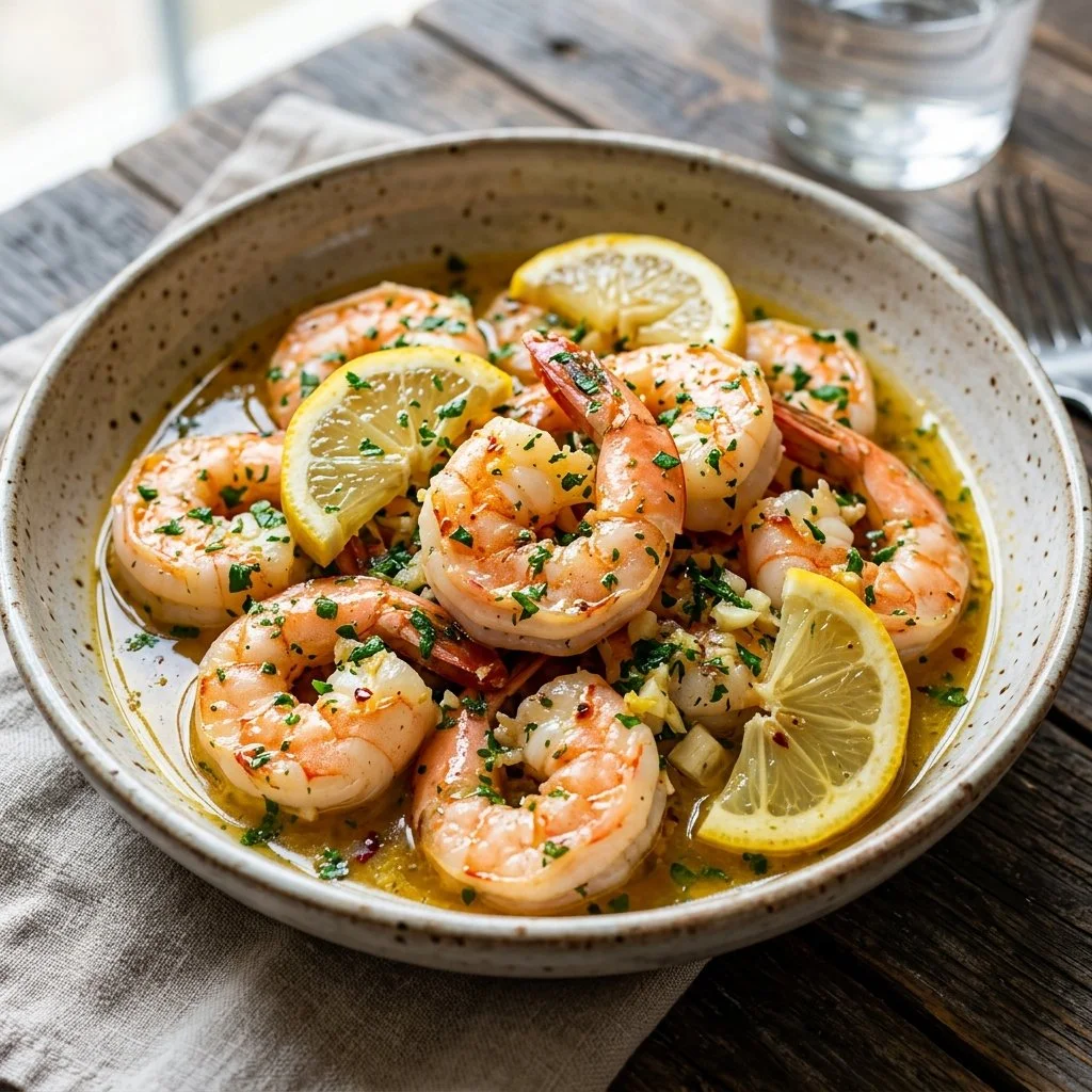 Delicious Lemon Garlic Shrimp served with fresh herbs and lemon slices