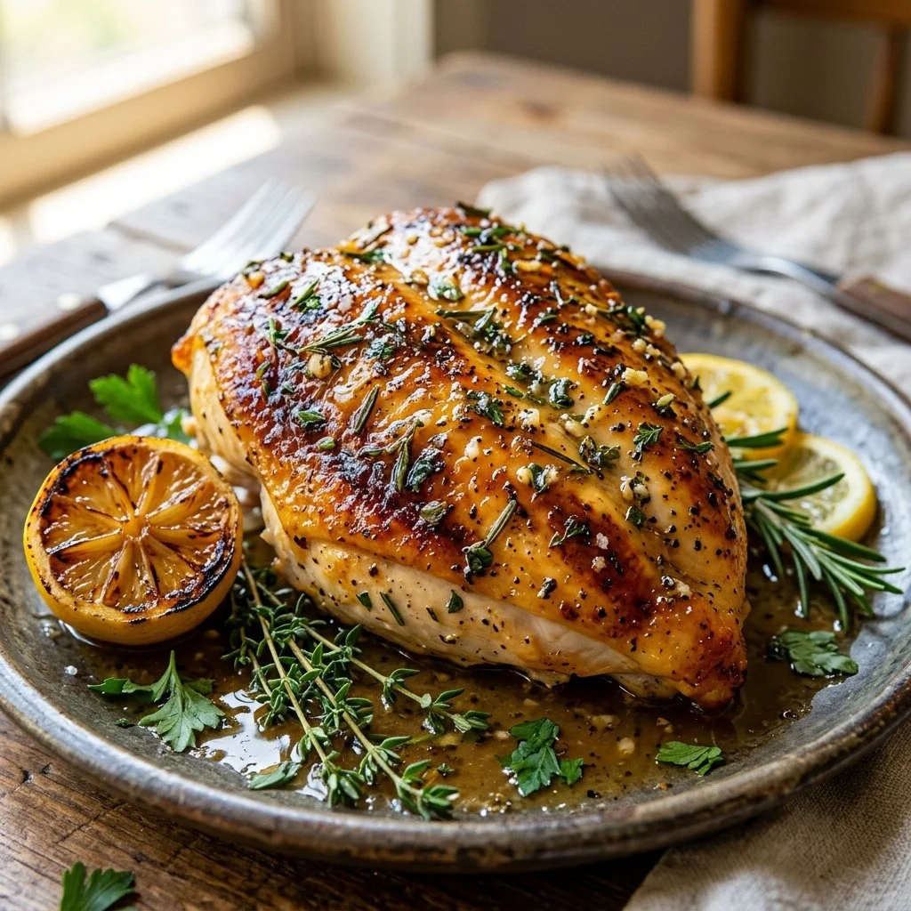 Juicy lemon herb chicken garnished with fresh herbs and lemon slices