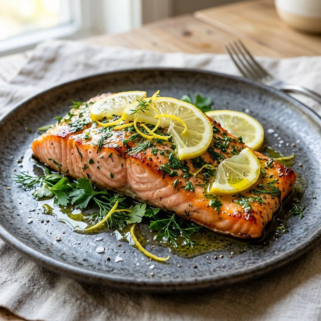 Grilled Lemon Herb Salmon on a plate with fresh herbs and lemon slices