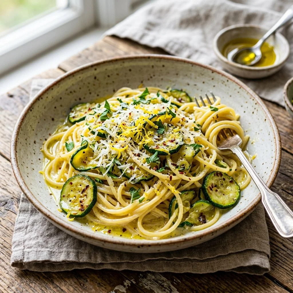 Delicious Lemon Zucchini Pasta garnished with fresh herbs and lemon slices