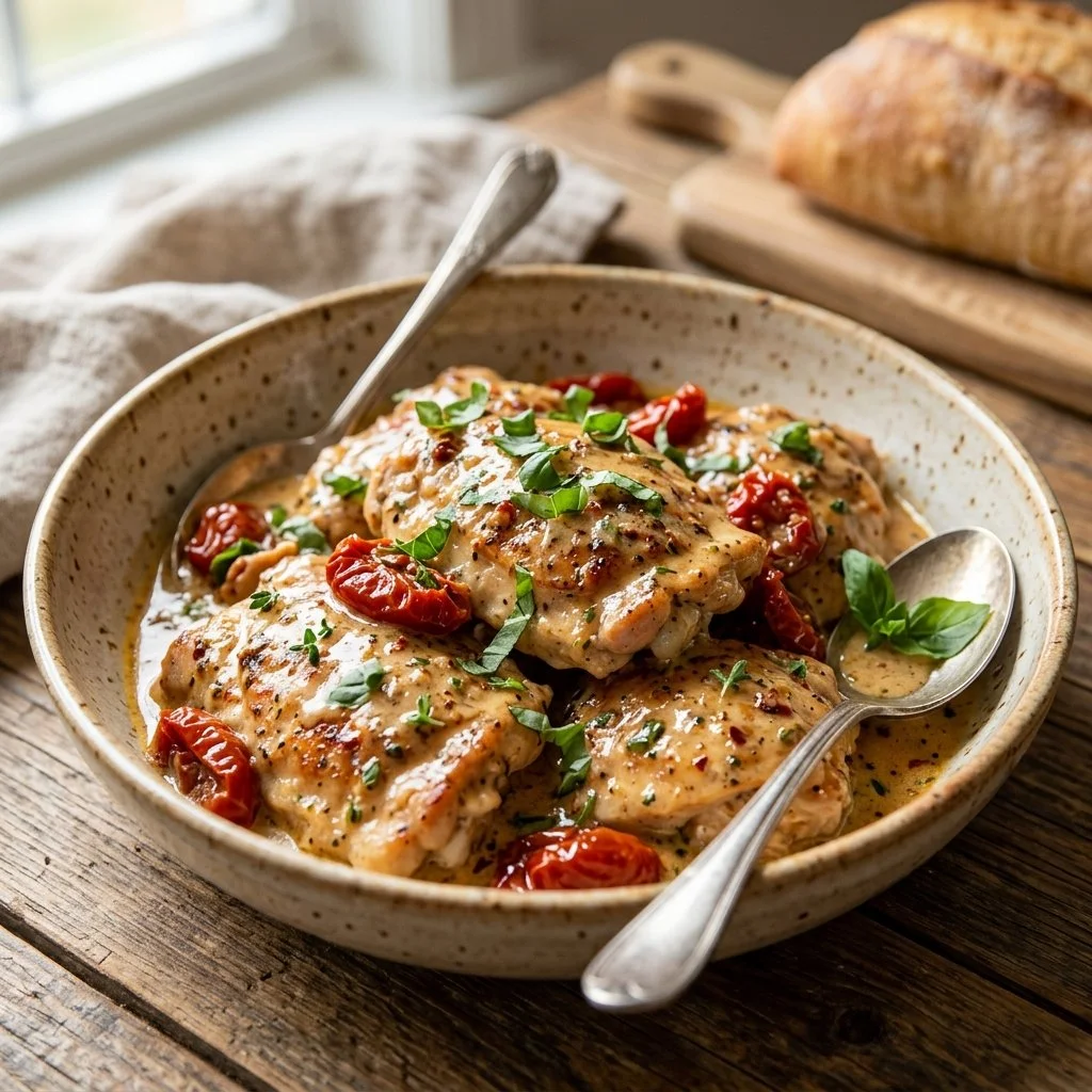 Plate of flavorful Marry Me Chicken garnished with herbs