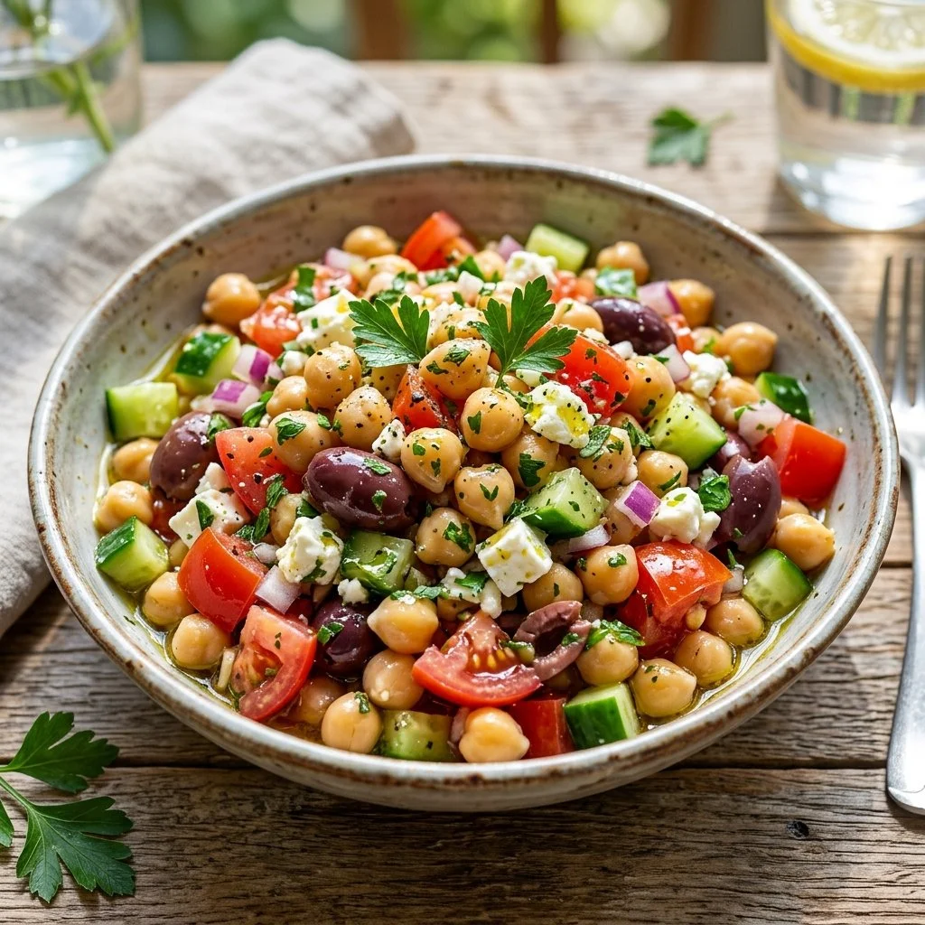 Bowl of Mediterranean chickpea salad with colorful vegetables and herbs