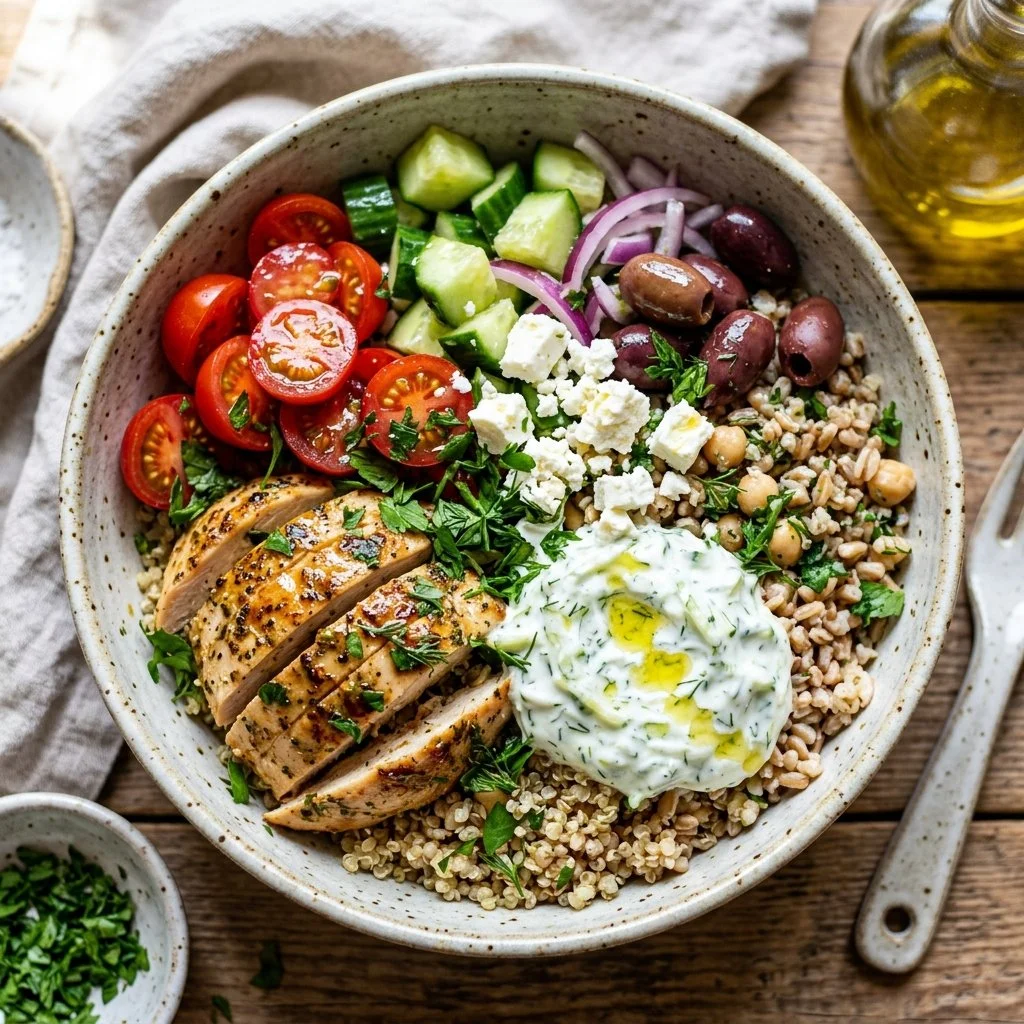 A colorful Mediterranean Grain Bowl with fresh vegetables and grains.