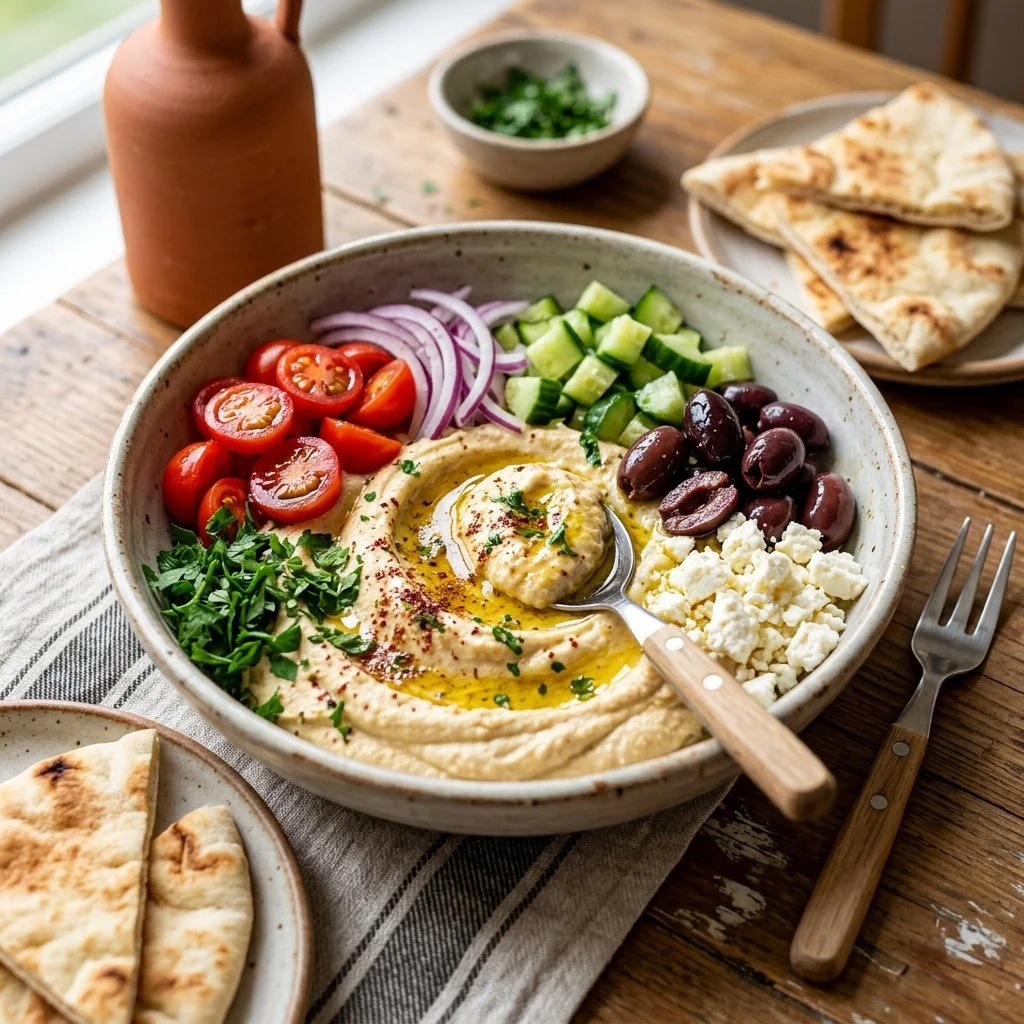 Mediterranean hummus bowl with fresh vegetables and spices