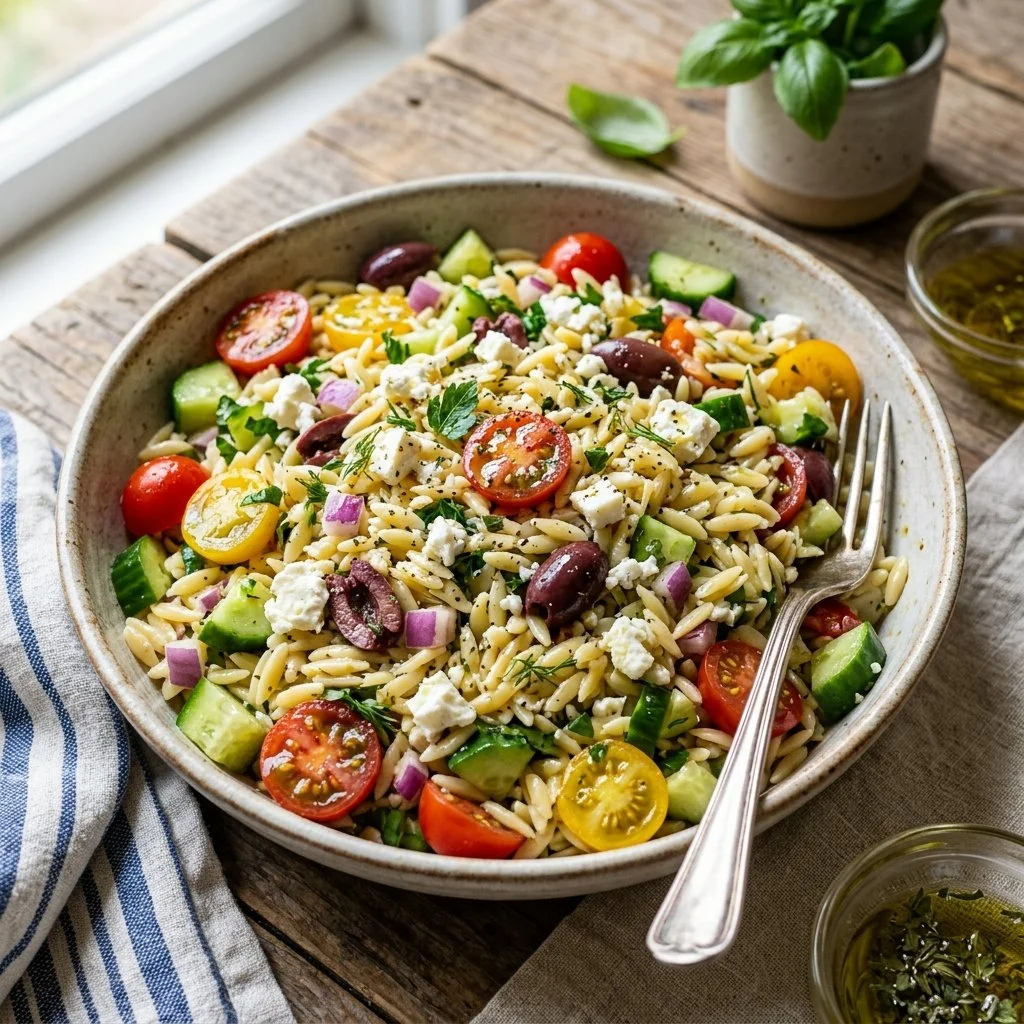 Mediterranean Orzo Salad featuring fresh vegetables and herbs in a vibrant presentation.